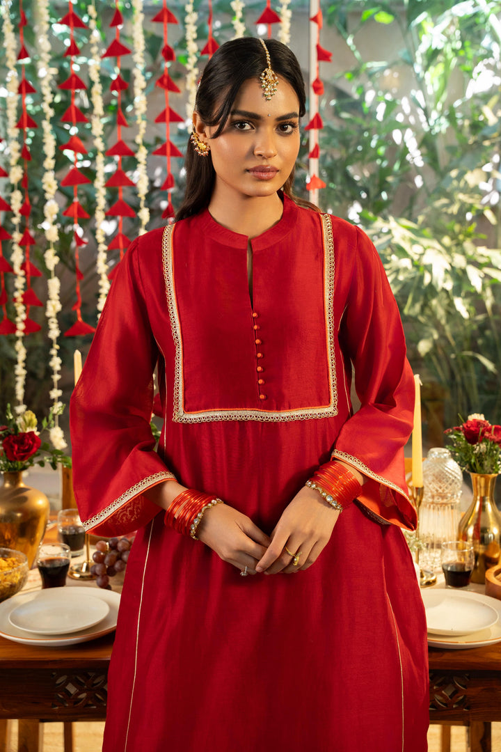 Rivaaz Red Plain Chanderi Short Kurta with Farshi Set of 2