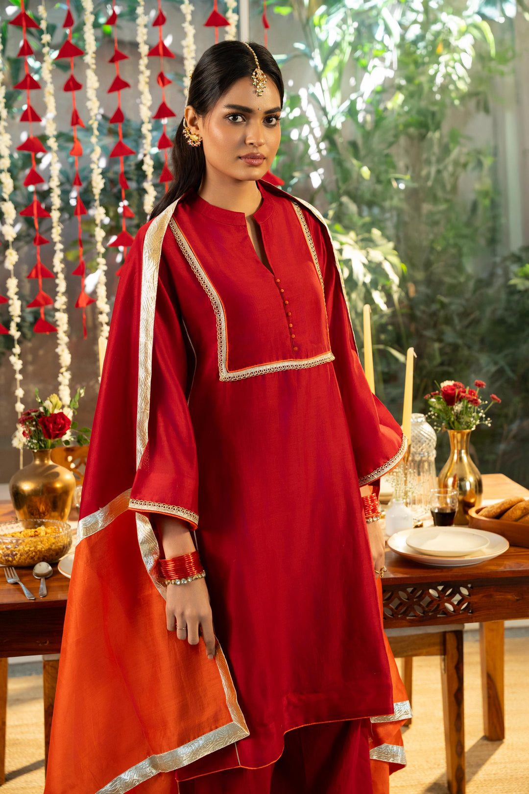 Rivaaz Red Plain Chanderi Short Kurta with Farshi Set of 3