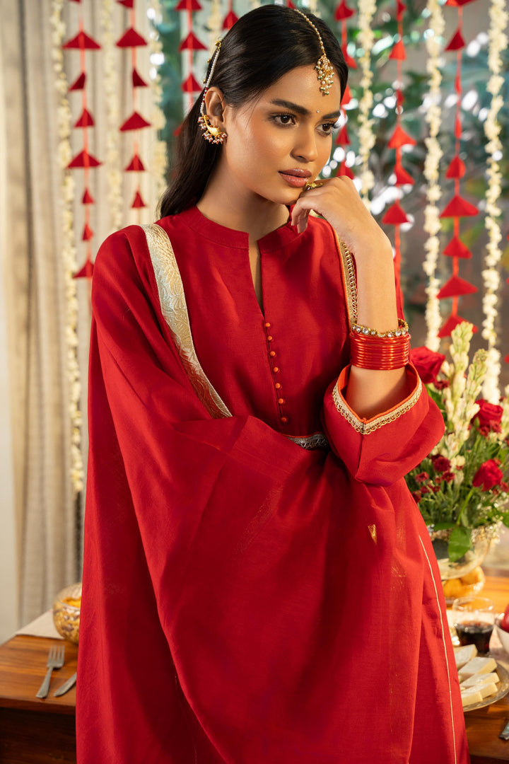 Rivaaz Red Plain Chanderi Short Kurta with Farshi Set of 3