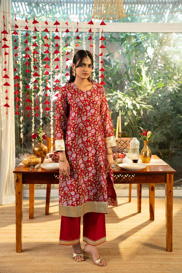 Rivaaz Red Block Printed Chanderi Kurta Set of 2