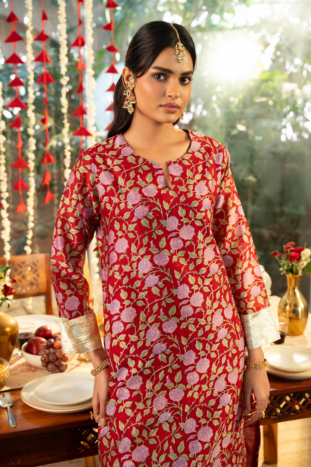 Rivaaz Red Block Printed Chanderi Kurta Set of 3