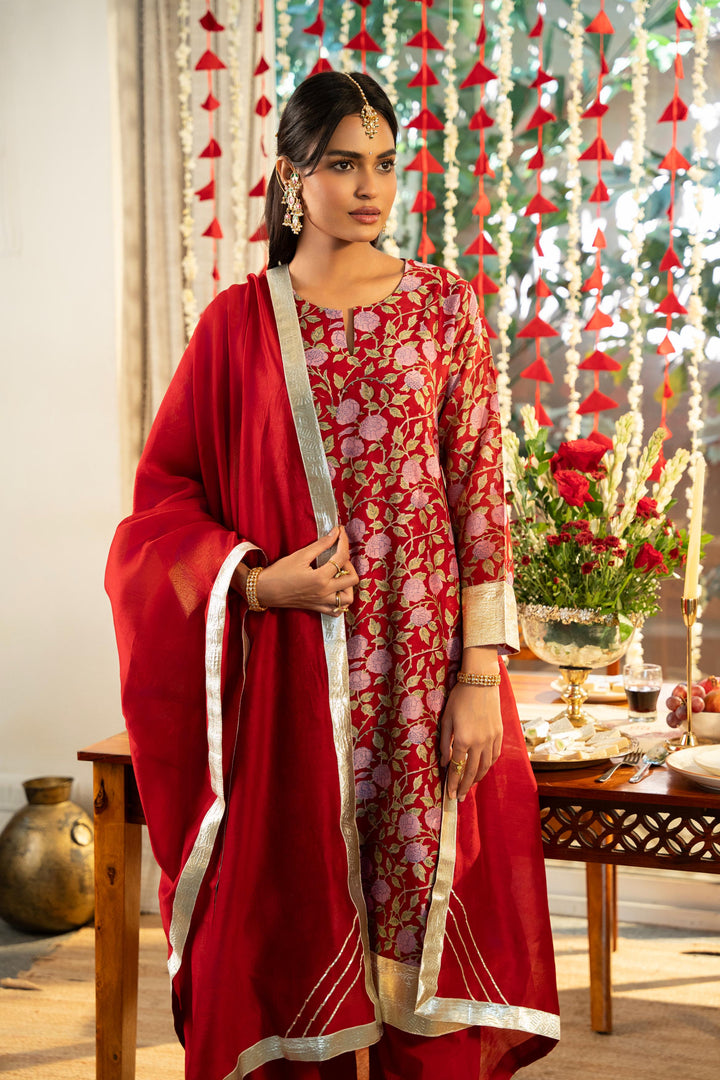 Rivaaz Red Block Printed Chanderi Kurta Set of 3