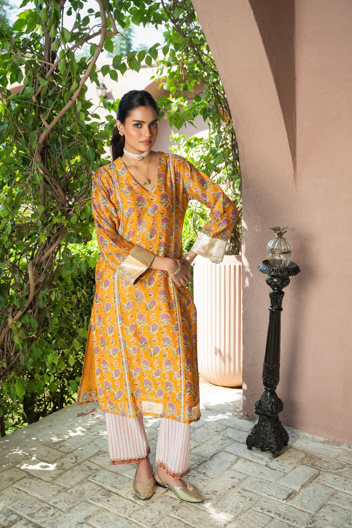 Rivaaz Mustard Block Printed Chanderi Kurta Set of 2