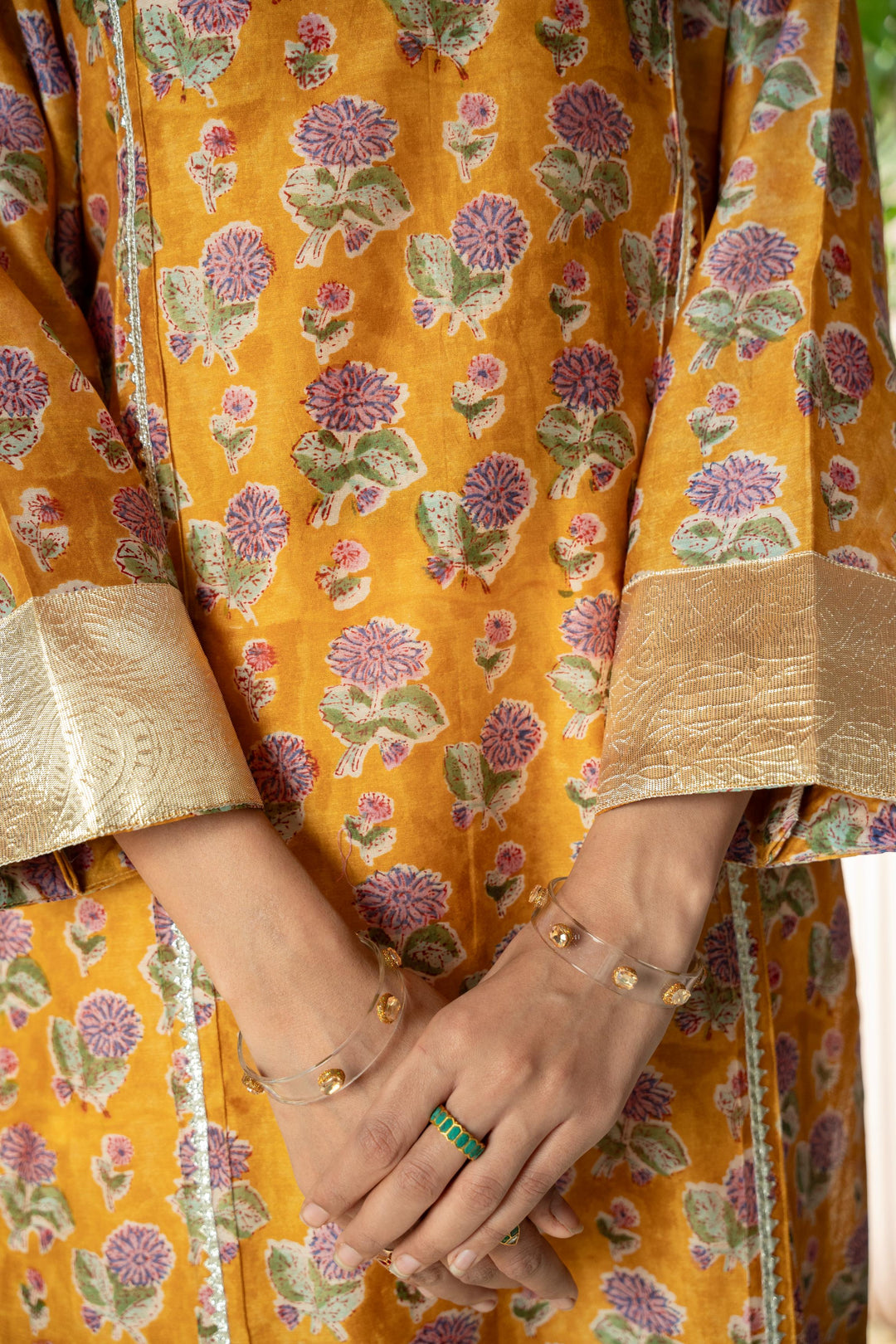 Rivaaz Mustard Block Printed Chanderi Kurta Set of 2