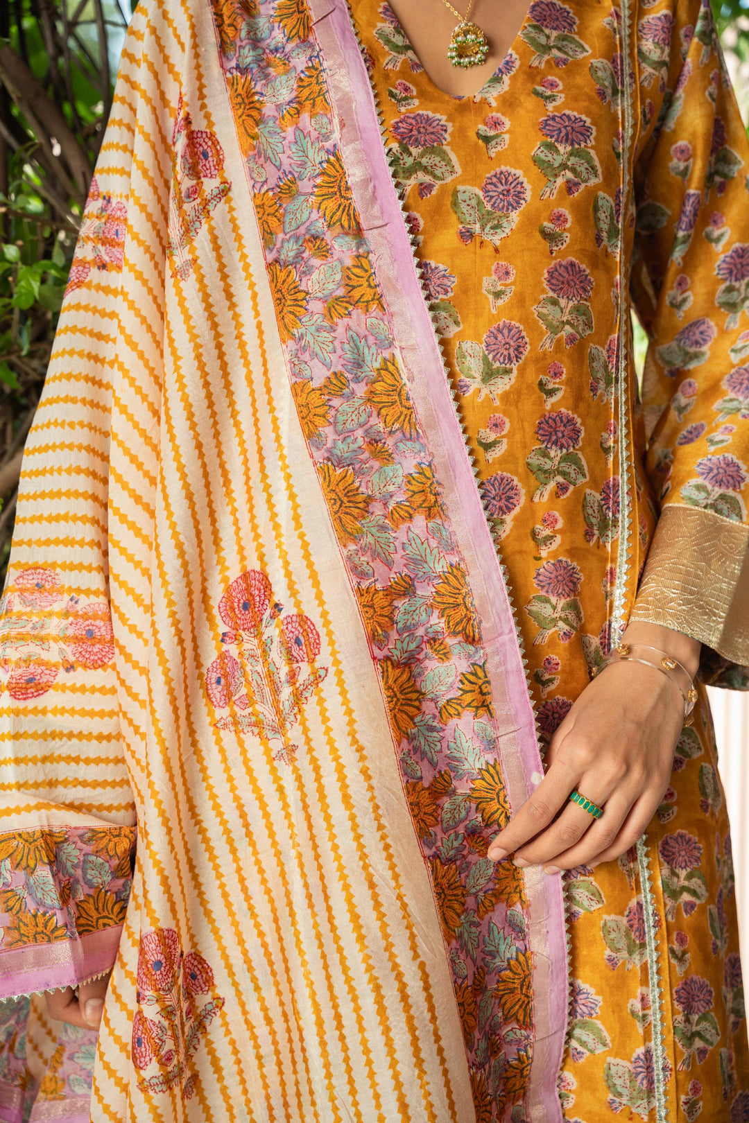 Rivaaz Mustard Block Printed Chanderi Kurta Set of 3