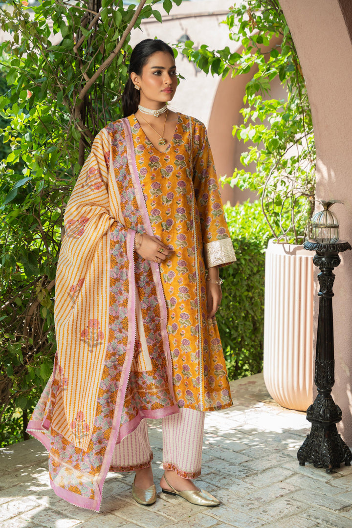 Rivaaz Mustard Block Printed Chanderi Kurta Set of 3
