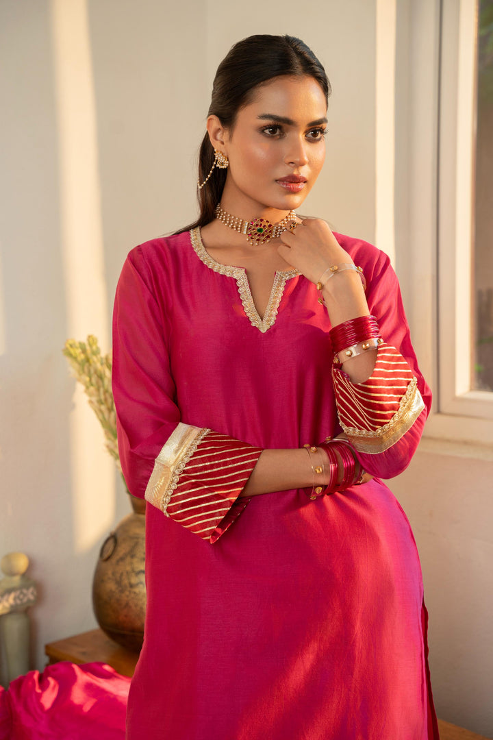Rivaaz Pink Plain Chanderi Kurta Set of 2