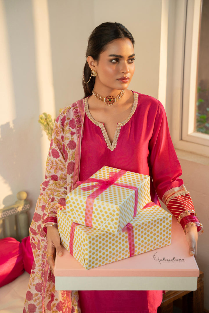 Rivaaz Pink Plain Chanderi Kurta Set of 3