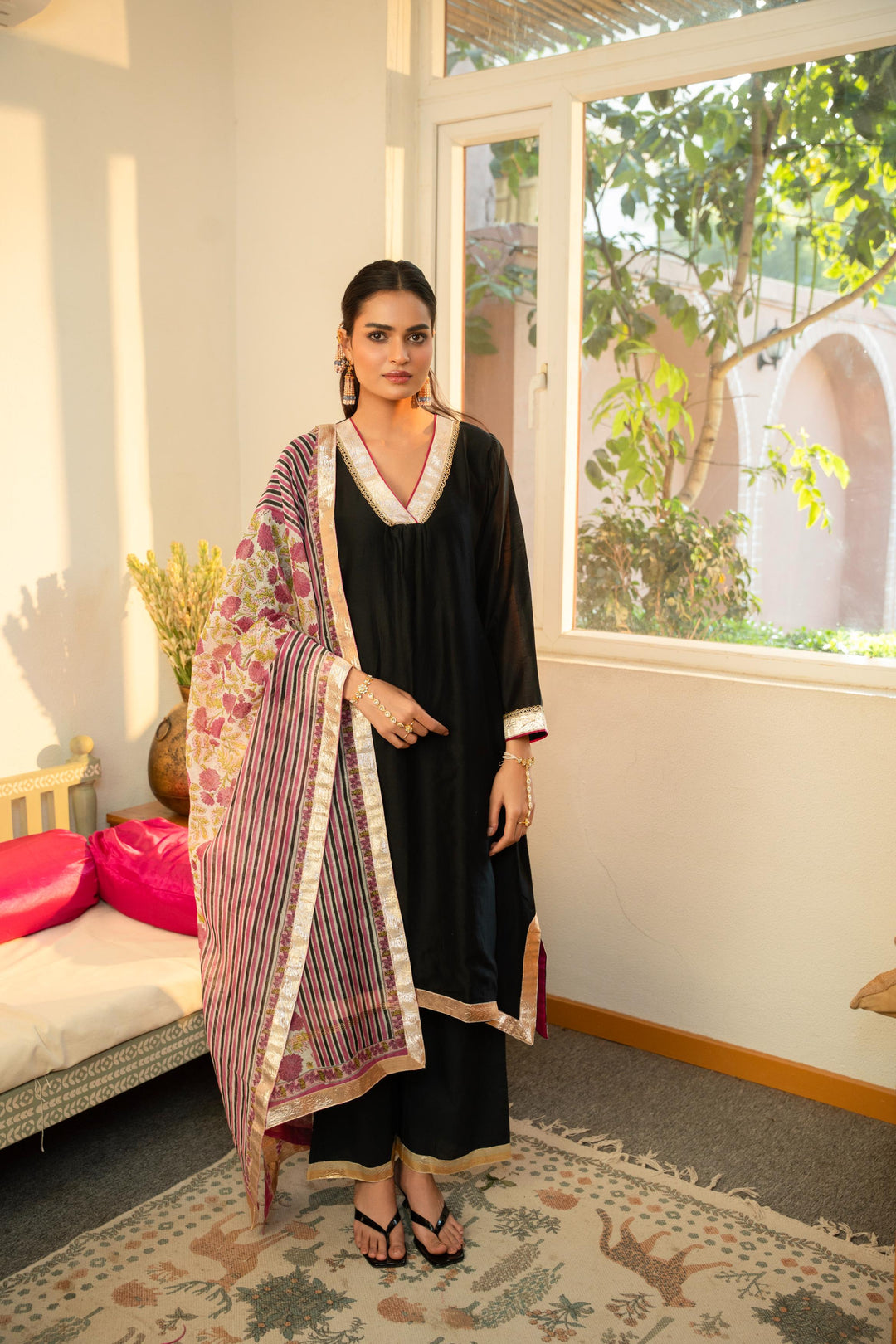 Rivaaz Black Plain A-Line Chanderi Suit Set of 3