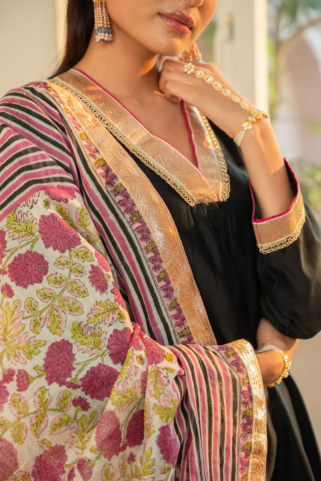Rivaaz Black Plain A-Line Chanderi Suit Set of 3