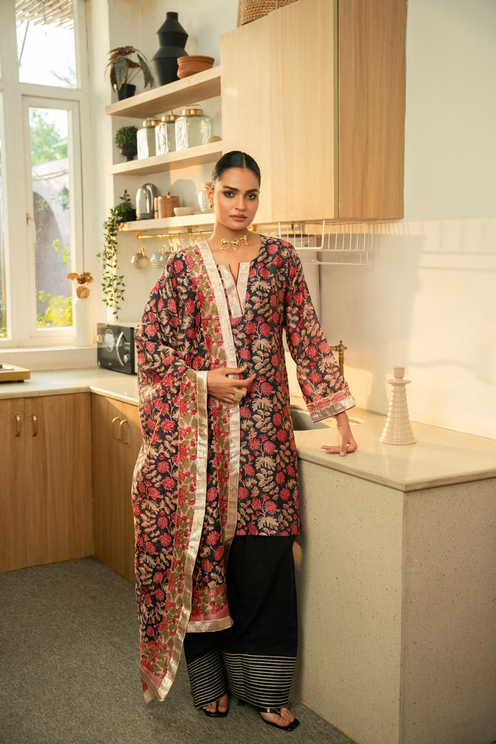 Rivaaz Black Hand Block Printed Chanderi Suit Set of 3