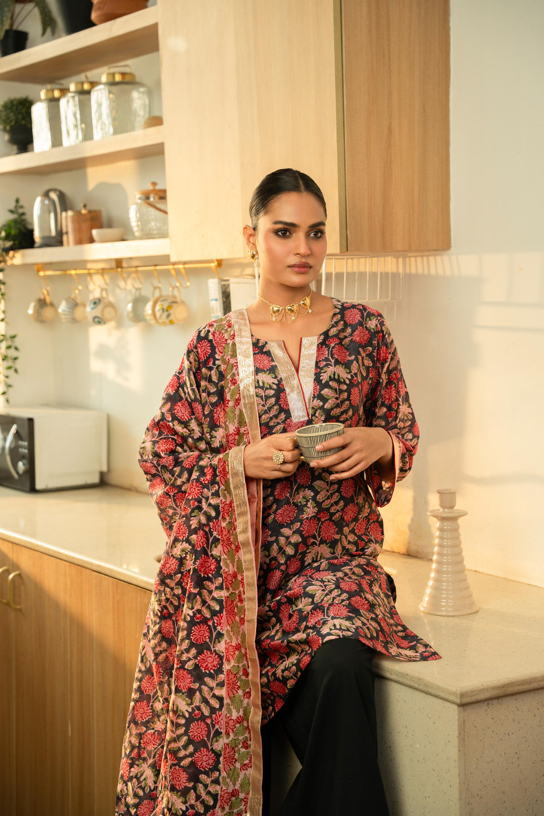Rivaaz Black Hand Block Printed Chanderi Suit Set of 3
