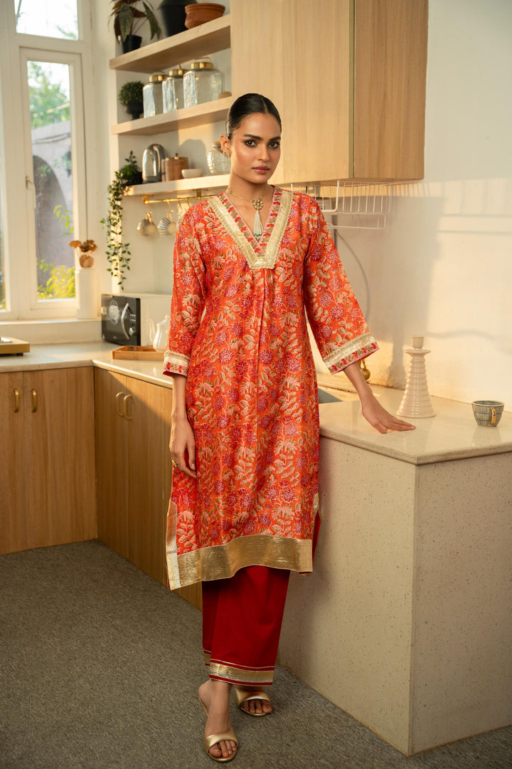 Rivaaz Orange Hand Block Printed Chanderi Suit Set of 2