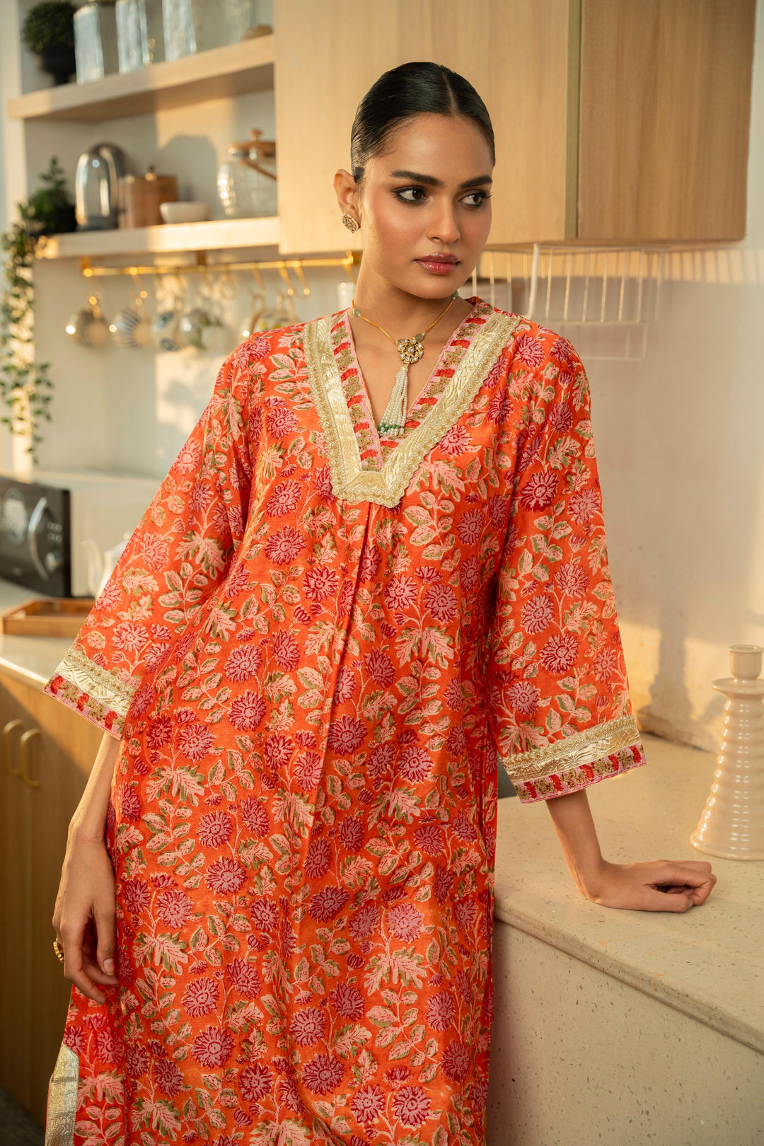 Rivaaz Orange Hand Block Printed Chanderi Suit Set of 2