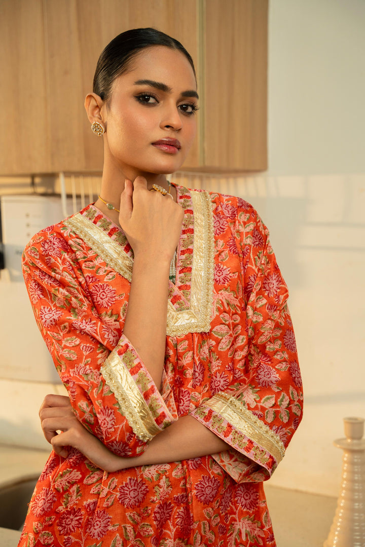 Rivaaz Orange Hand Block Printed Chanderi Suit Set of 3