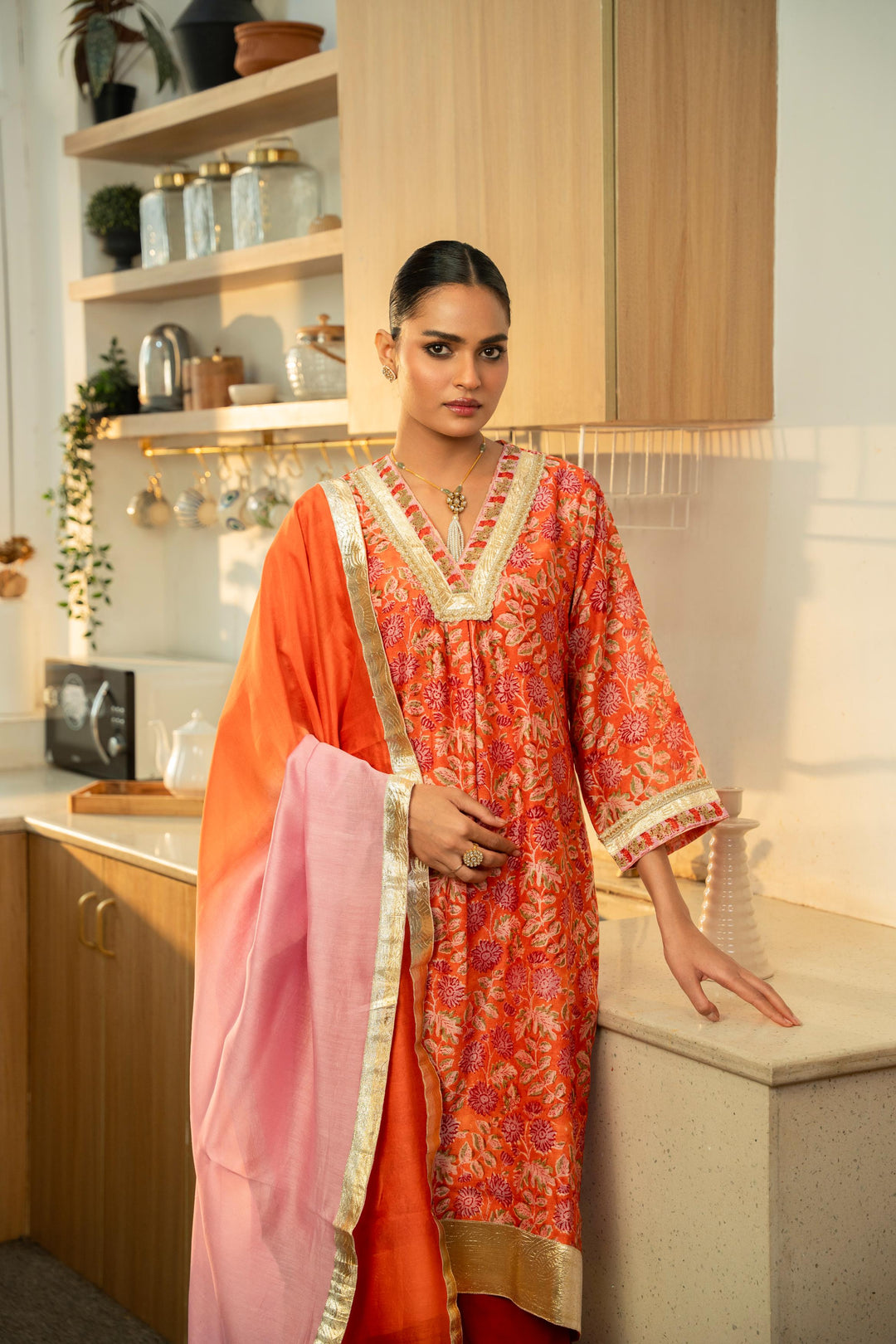 Rivaaz Orange Hand Block Printed Chanderi Suit Set of 3