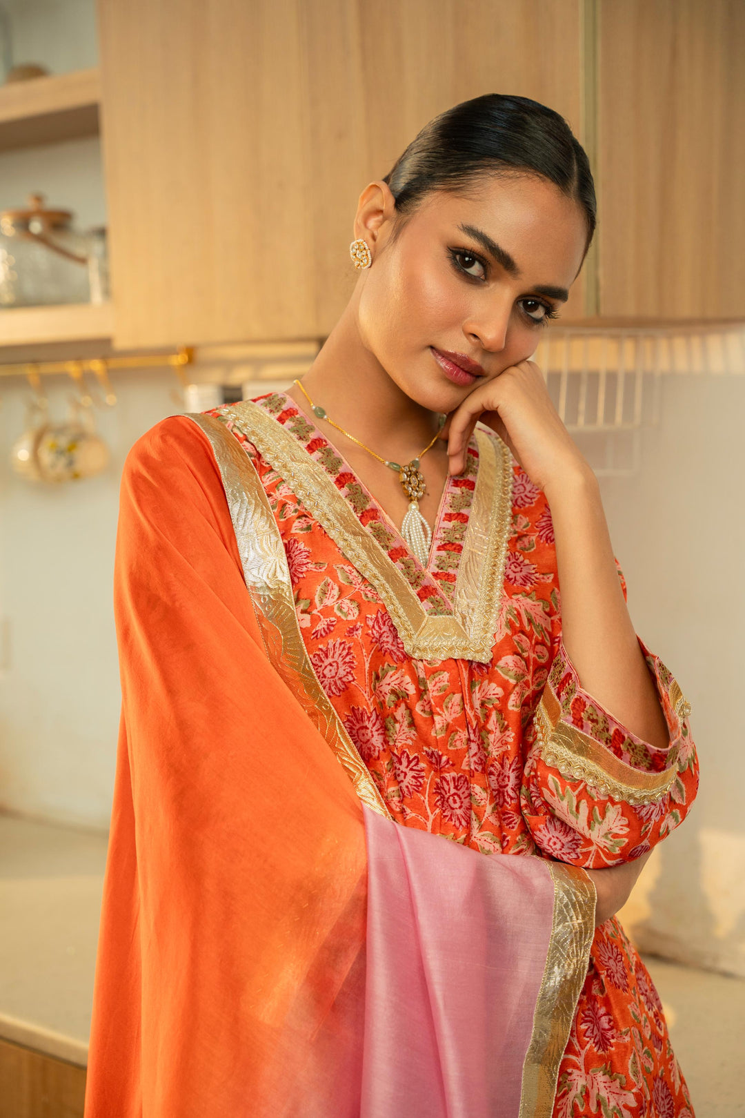 Rivaaz Orange Hand Block Printed Chanderi Suit Set of 3