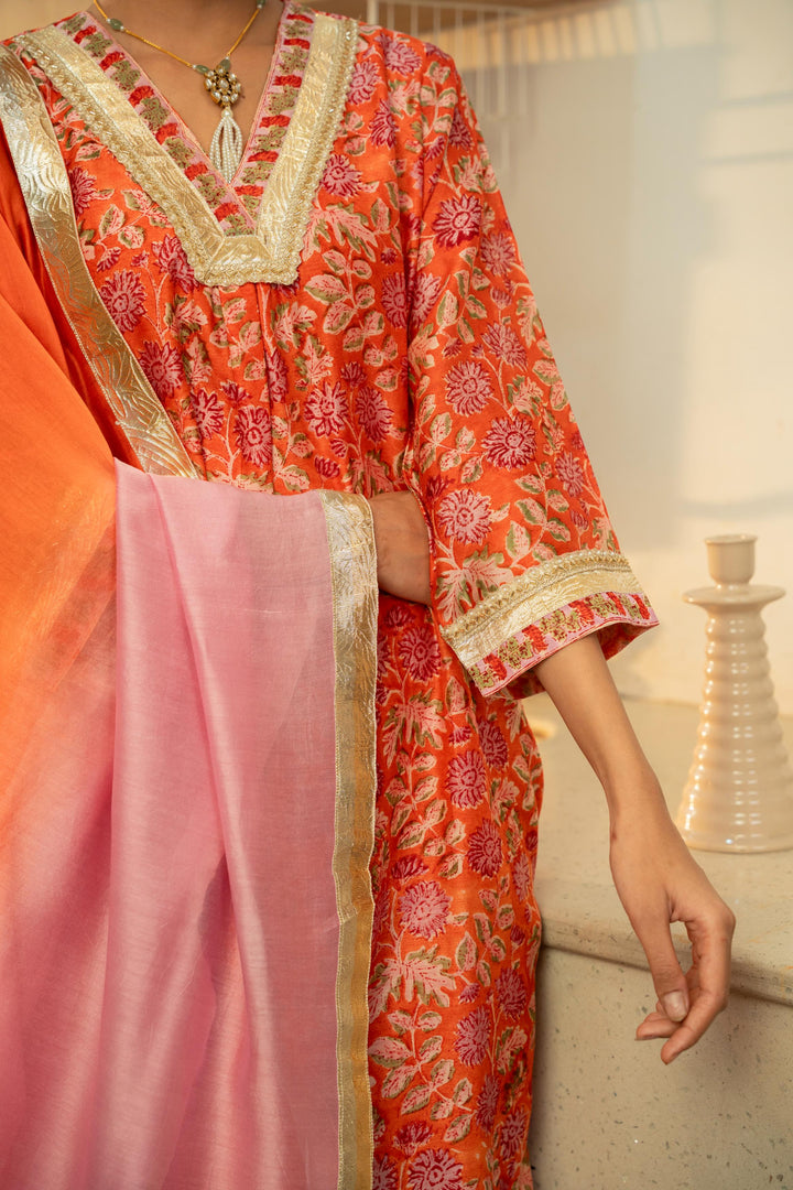 Rivaaz Orange Hand Block Printed Chanderi Suit Set of 3