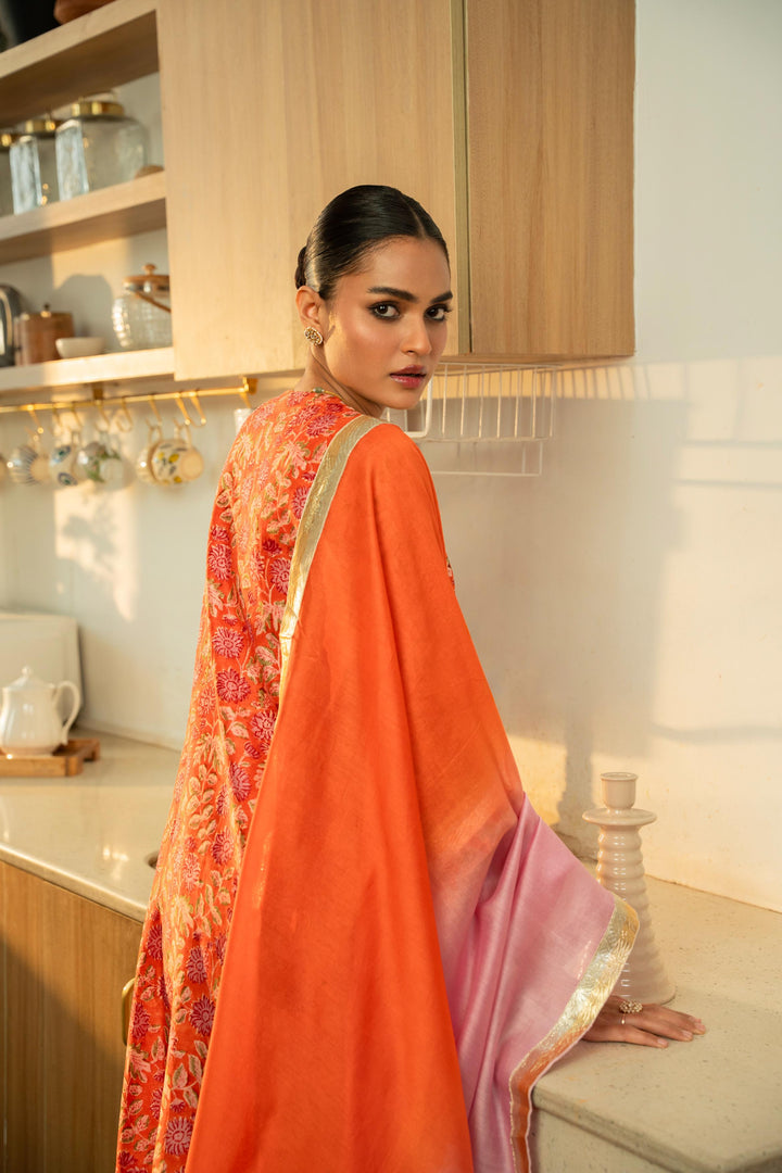 Rivaaz Orange Hand Block Printed Chanderi Suit Set of 3