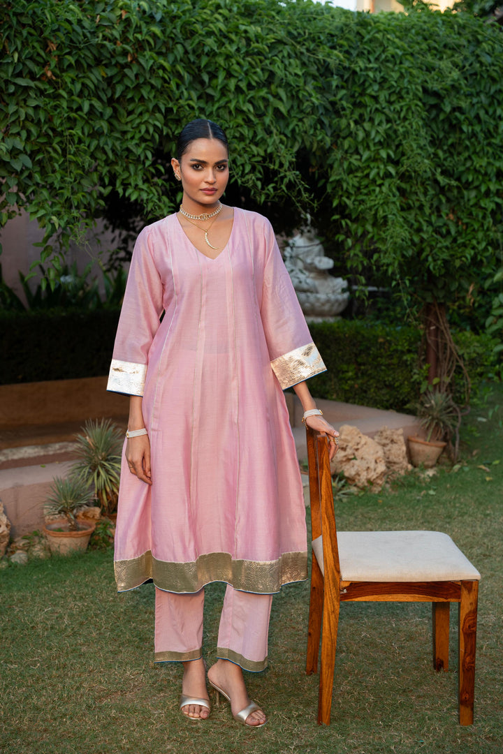 Rivaaz Pink Plain Chanderi Anarkali Suit Set of 3