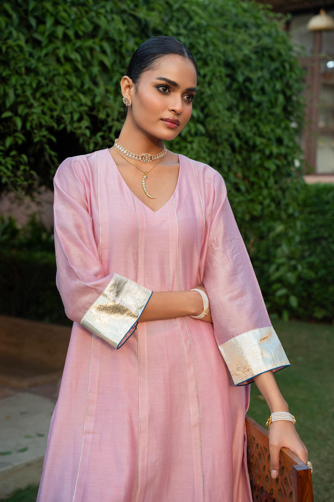 Rivaaz Pink Plain Chanderi Anarkali Suit Set of 2