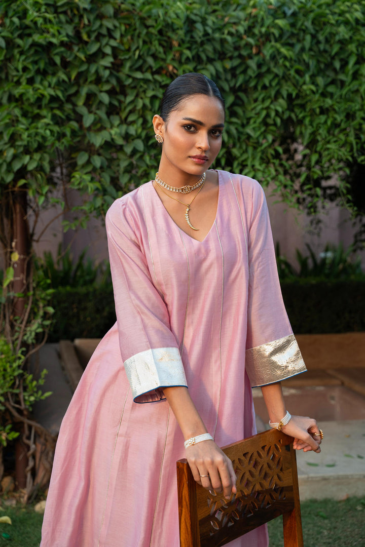 Rivaaz Pink Plain Chanderi Anarkali Suit Set of 3