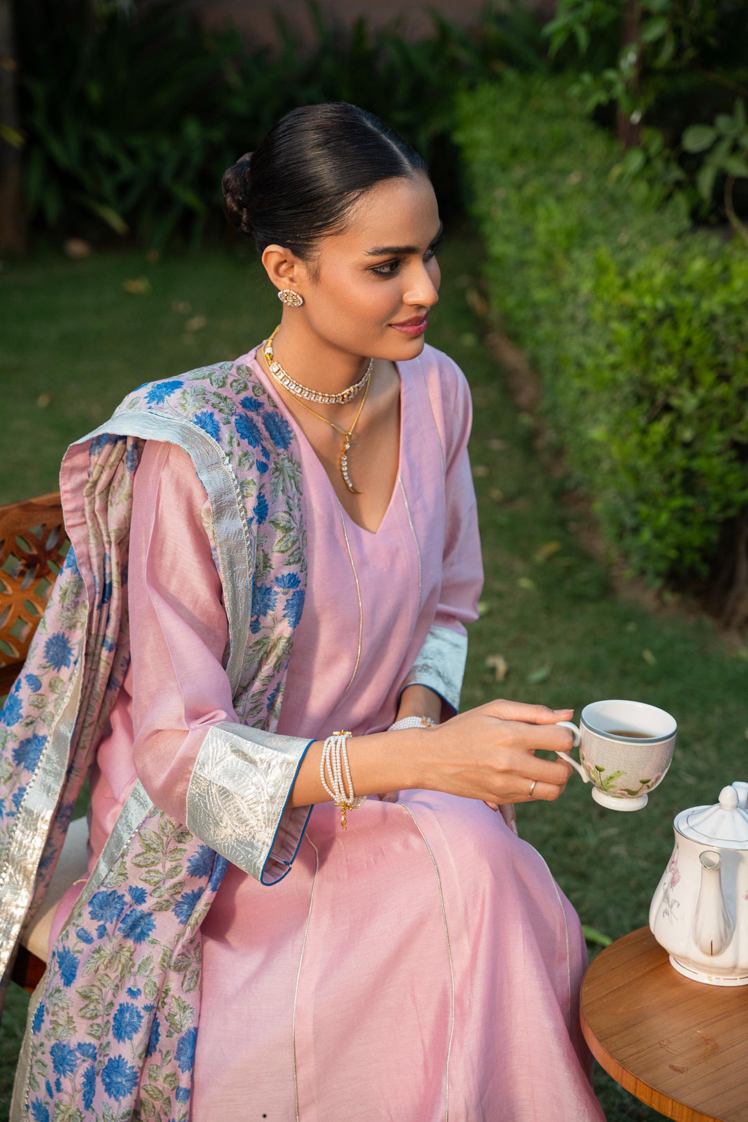 Rivaaz Pink Plain Chanderi Anarkali Suit Set of 3