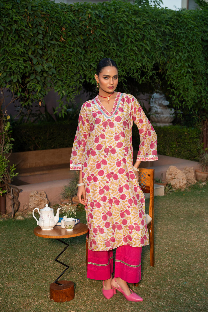 Rivaaz Ivory & Pink Hand Block Printed Chanderi Suit Set of 3