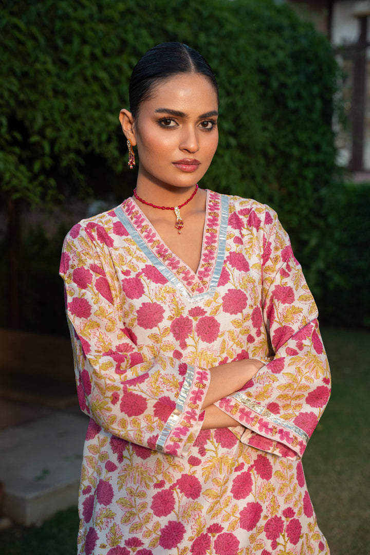 Rivaaz Ivory & Pink Hand Block Printed Chanderi Suit Set of 2