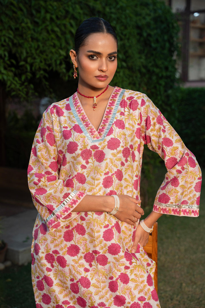 Rivaaz Ivory & Pink Hand Block Printed Chanderi Suit Set of 2