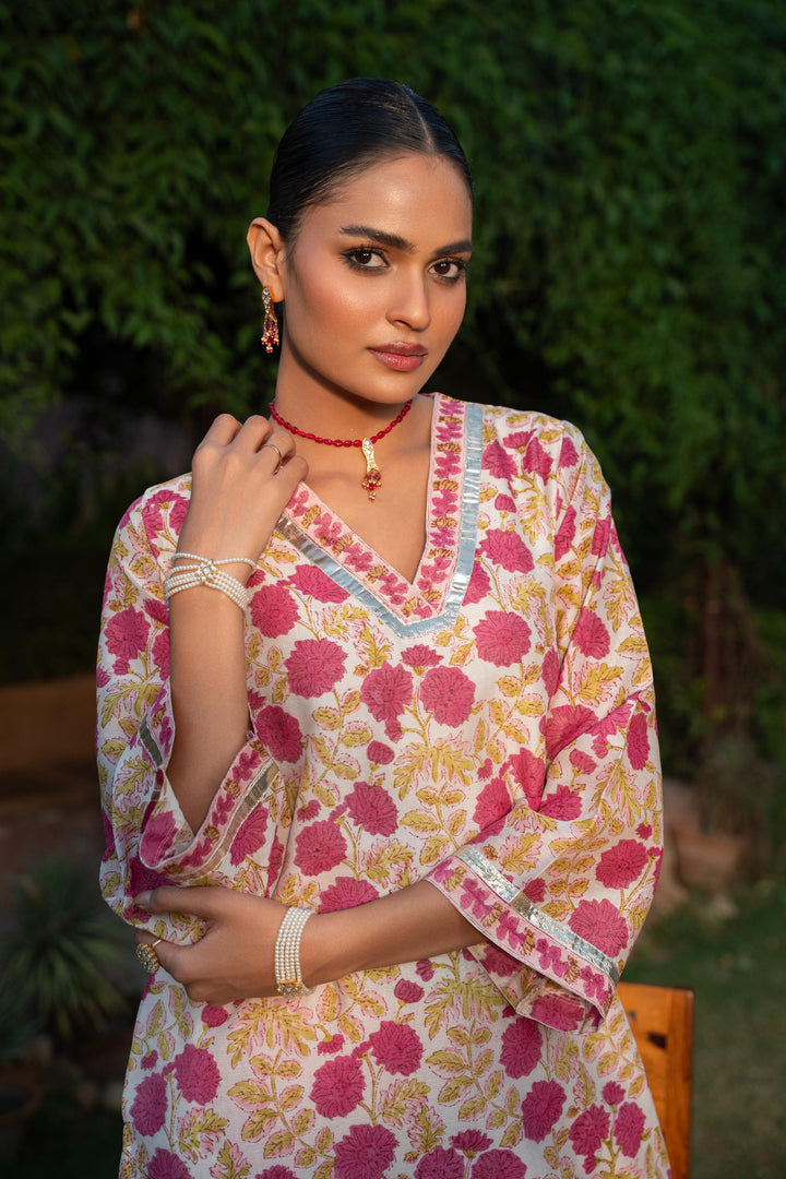 Rivaaz Ivory & Pink Hand Block Printed Chanderi Suit Set of 3