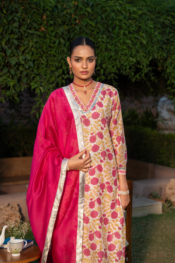 Rivaaz Ivory & Pink Hand Block Printed Chanderi Suit Set of 3