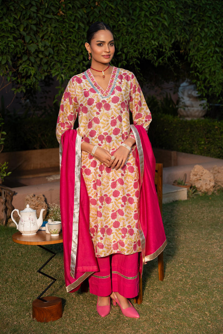 Rivaaz Ivory & Pink Hand Block Printed Chanderi Suit Set of 3