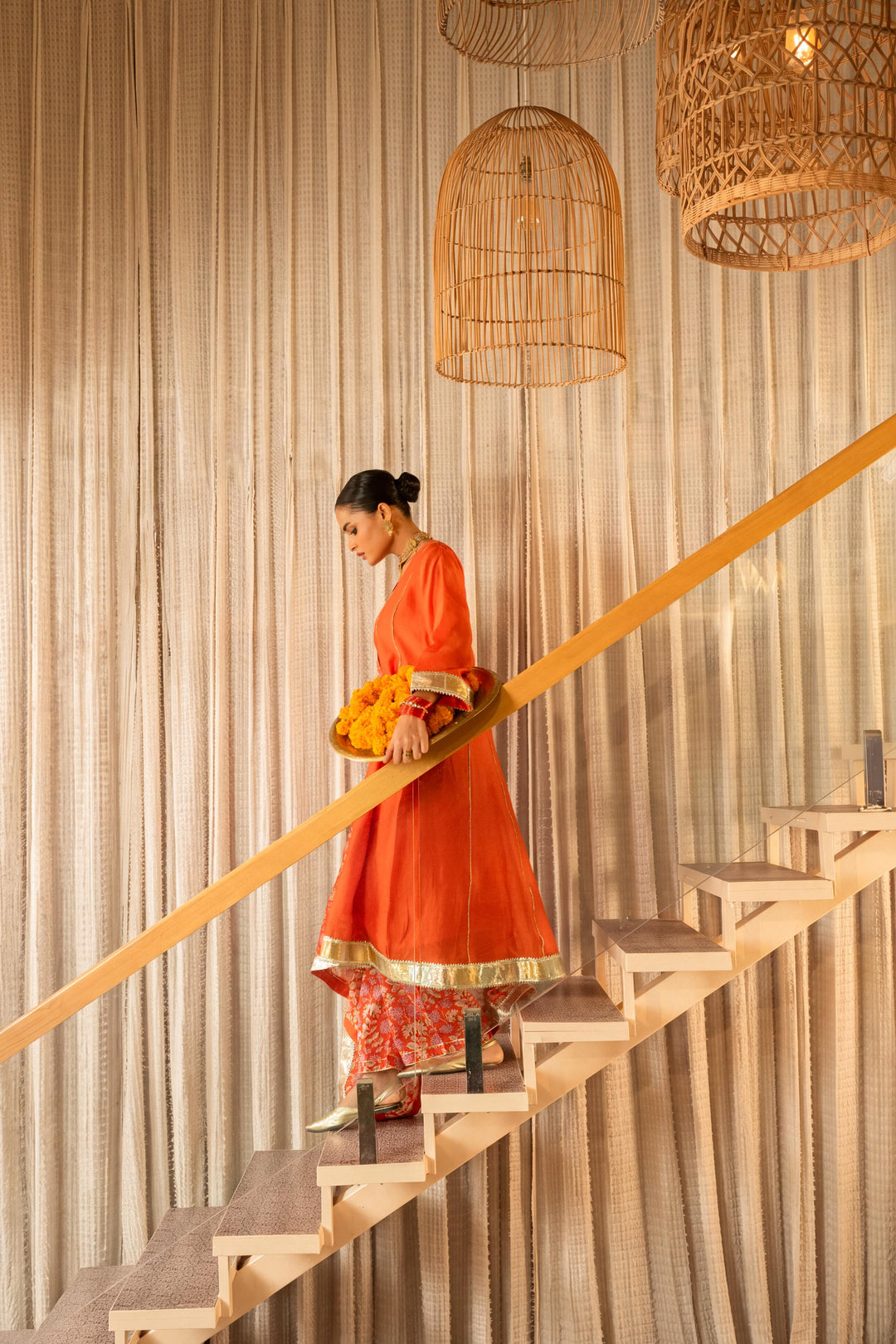 Rivaaz Orange Plain Chanderi Anarkali Suit Set of 2