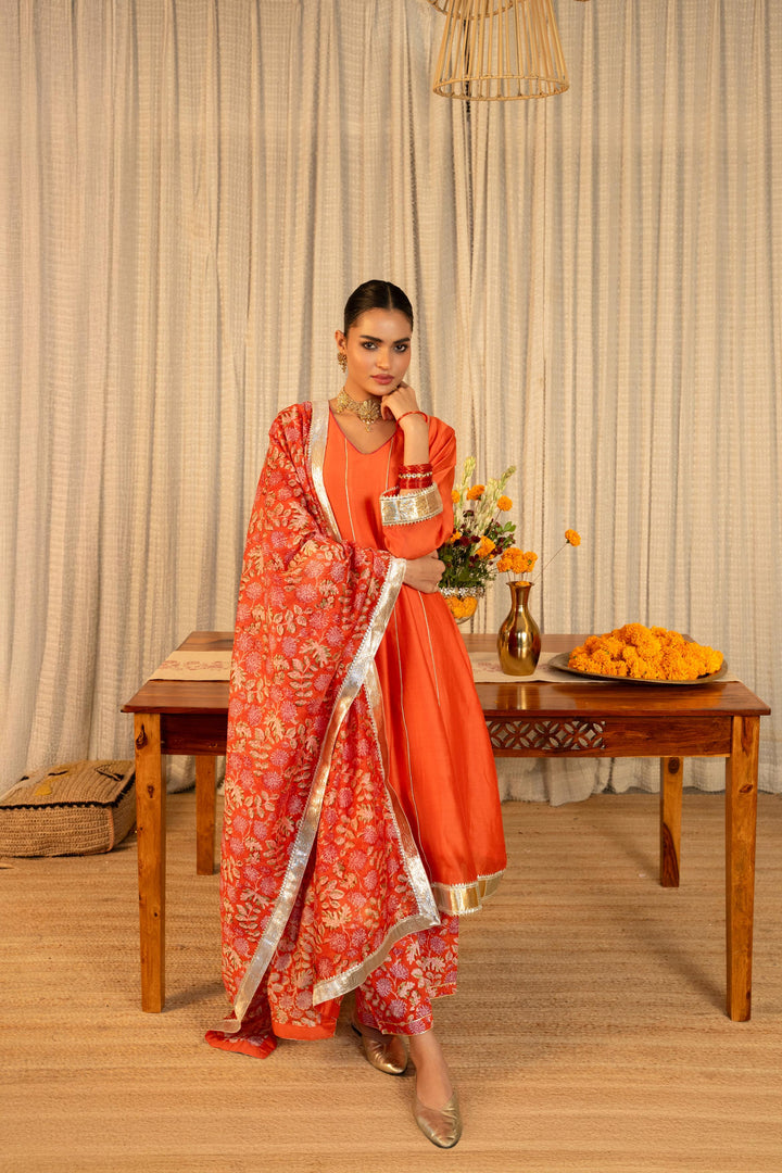 Rivaaz Orange Plain Chanderi Anarkali Suit Set of 3