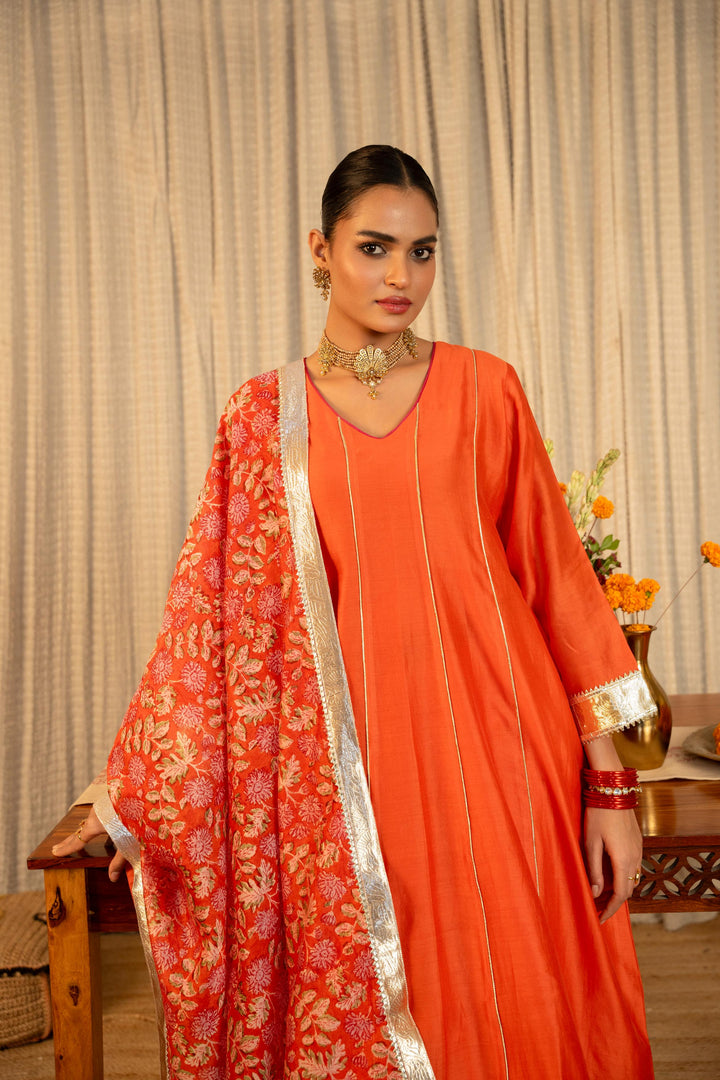 Rivaaz Orange Plain Chanderi Anarkali Suit Set of 3