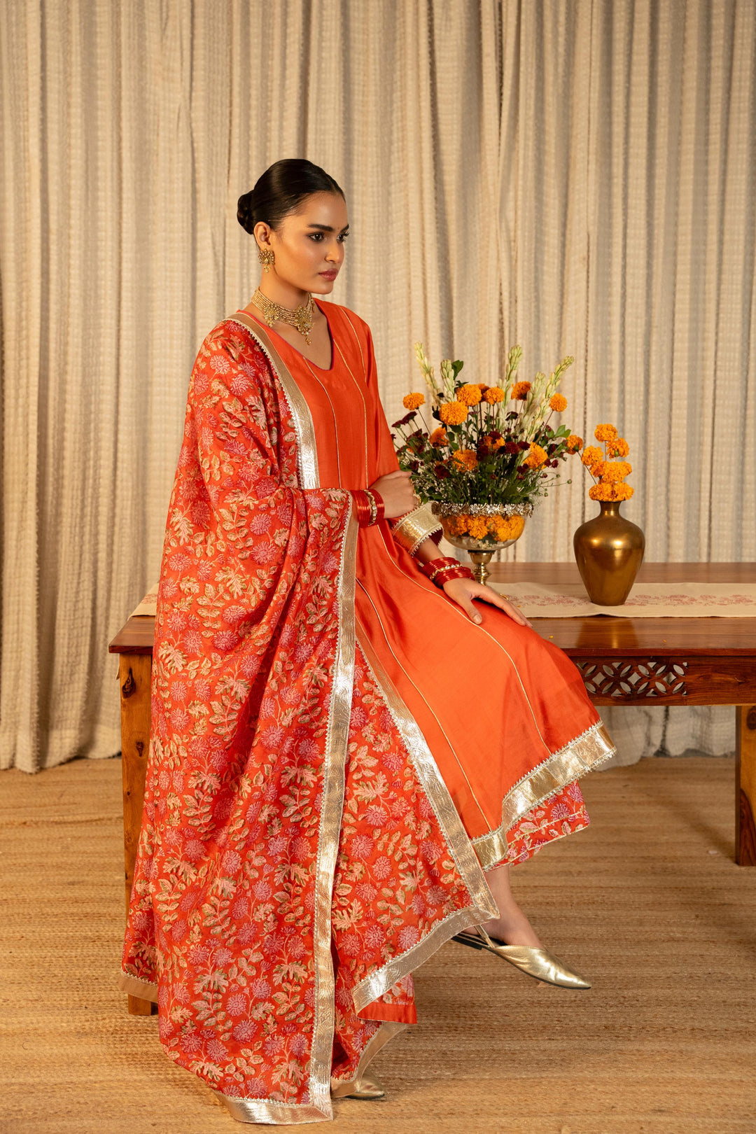 Rivaaz Orange Plain Chanderi Anarkali Suit Set of 3