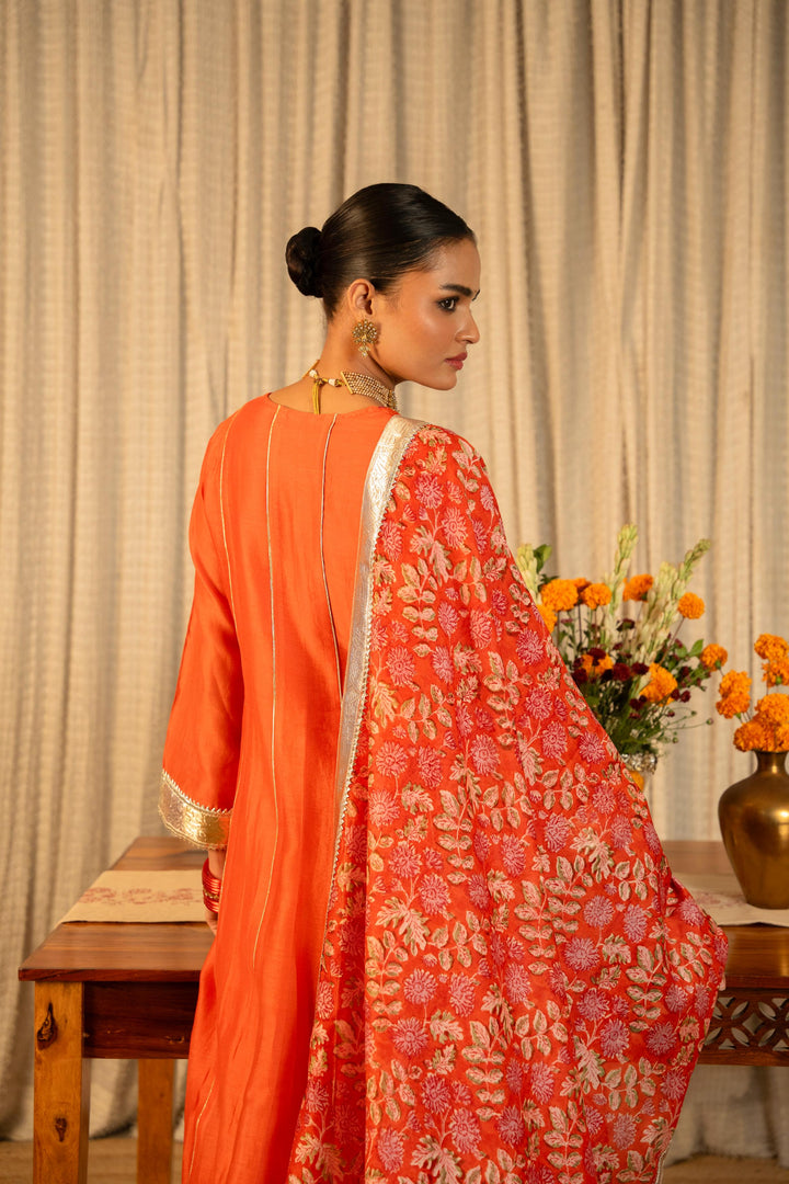 Rivaaz Orange Plain Chanderi Anarkali Suit Set of 3