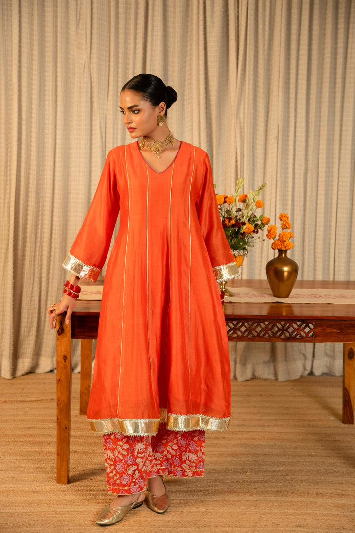 Rivaaz Orange Plain Chanderi Anarkali Suit Set of 2