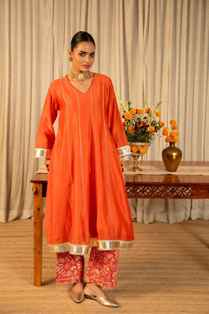 Rivaaz Orange Plain Chanderi Anarkali Suit Set of 2