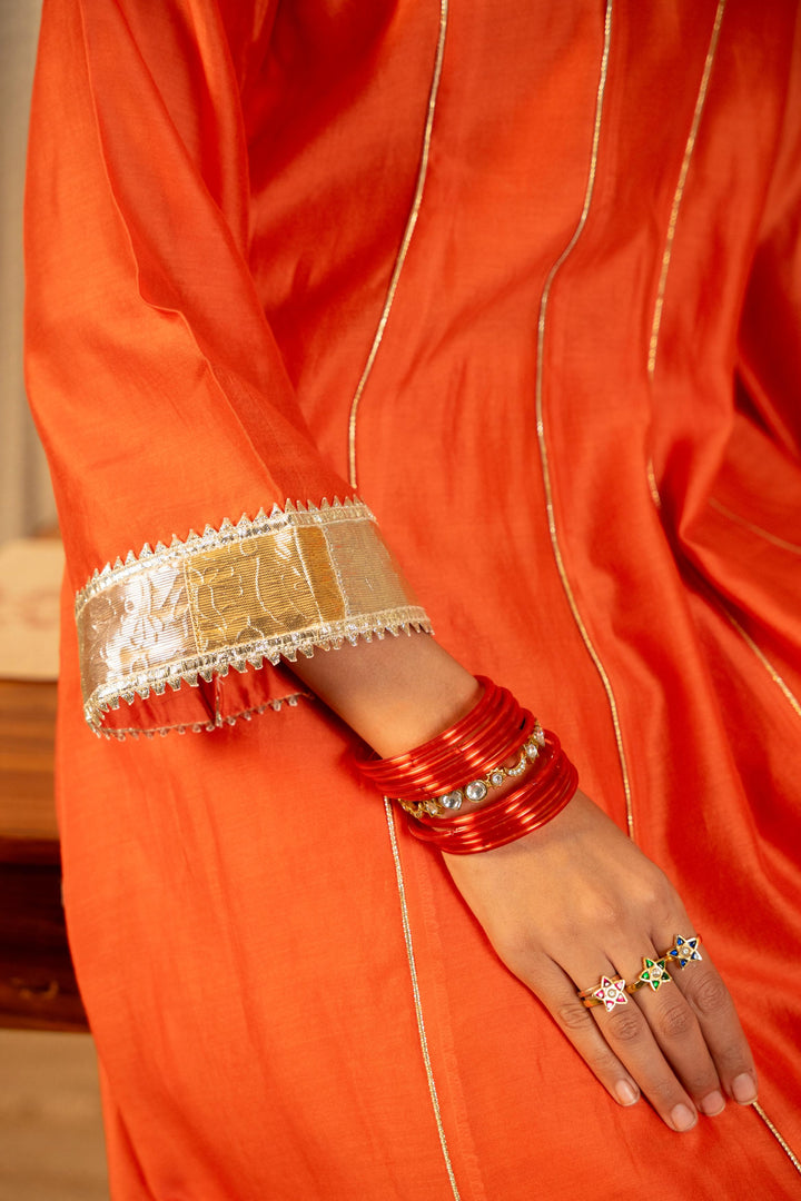 Rivaaz Orange Plain Chanderi Anarkali Suit Set of 2
