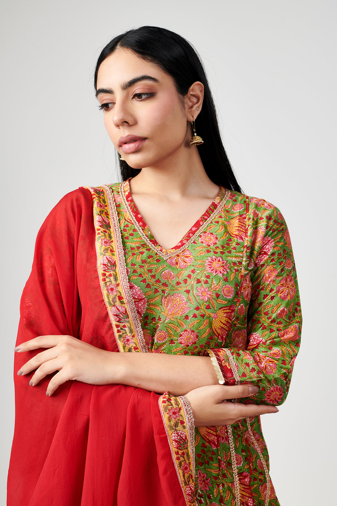 Noor Green & Red Cotton Silk Set of 3
