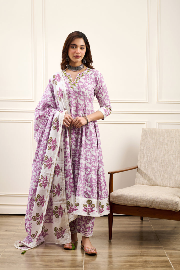 Roohi Purple A-line Kurta with Pant and Dupatta- Set of 3