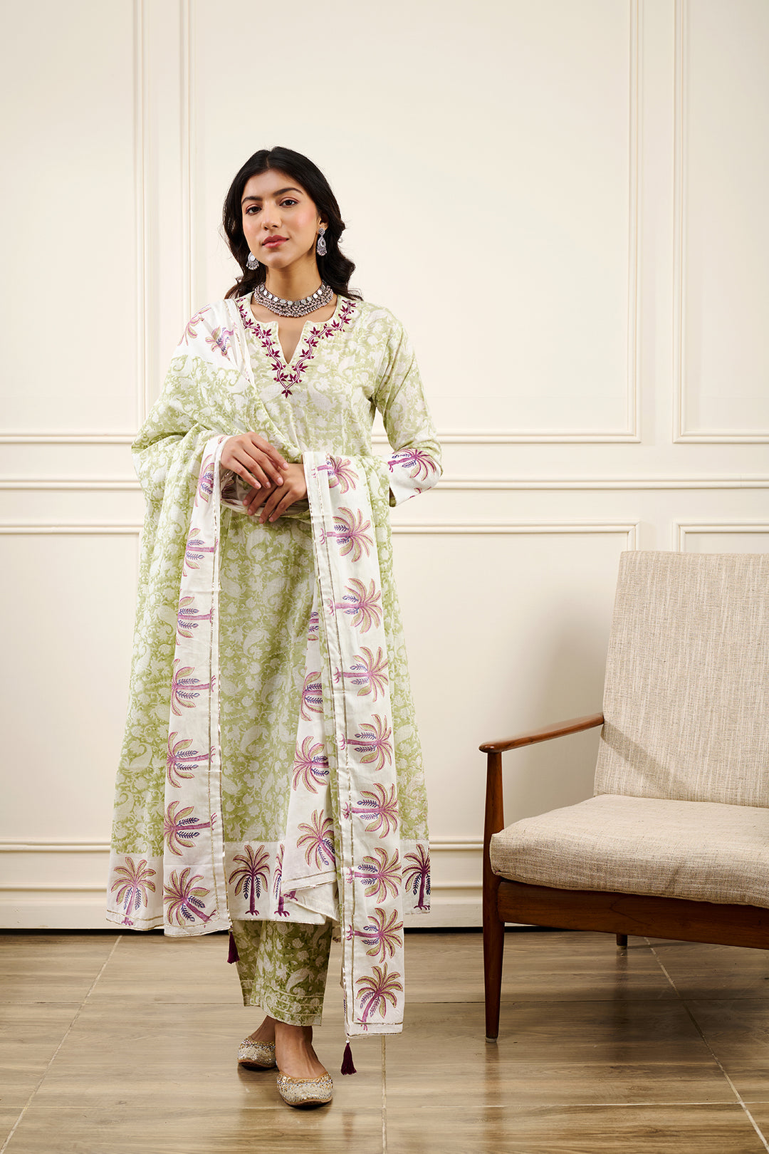 Roohi Green A-line Kurta with Pant and Dupatta- Set of 3