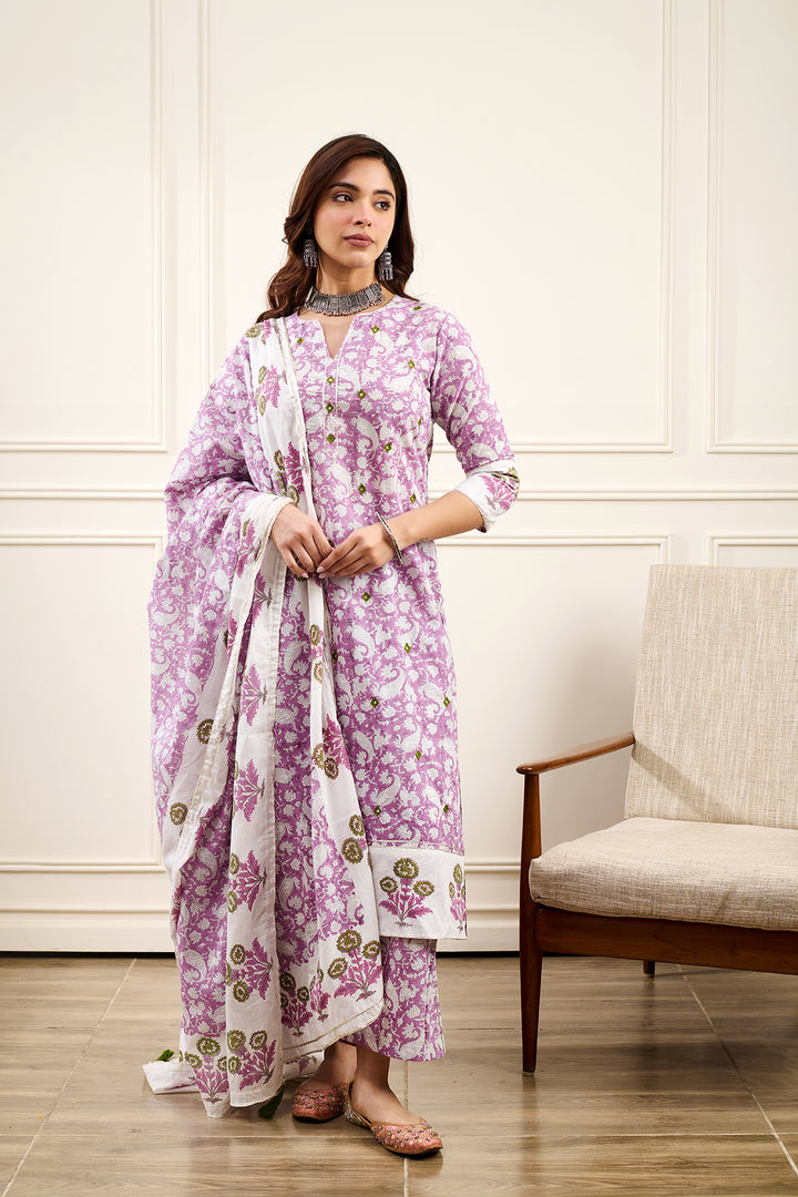 Roohi Purple Straight Kurta with Pant and Dupatta- Set of 3