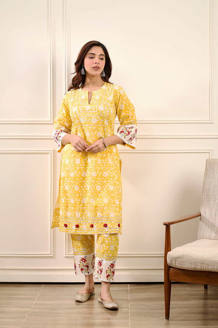 Roohi  Yellow Straight Kurta with Pant - Set of 2