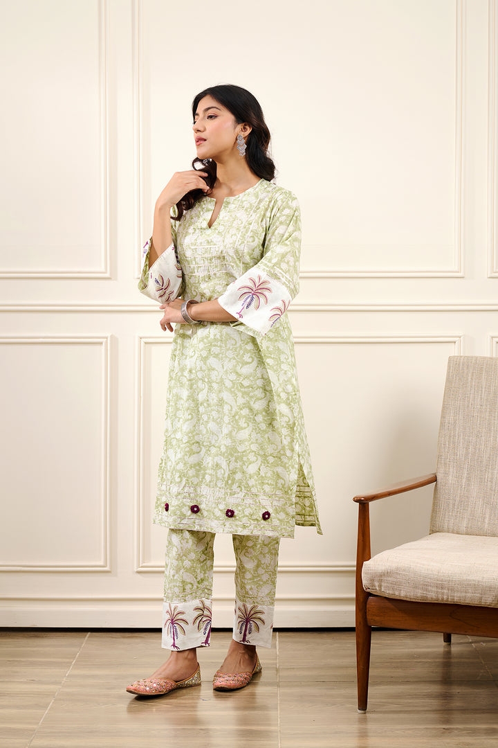 Roohi Green Straight Kurta with Pant - Set of 2