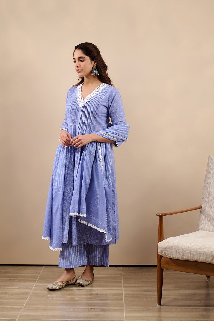 Hoor Sky Blue A-Line Kurta with pant and Dupatta - 3 pcs Set