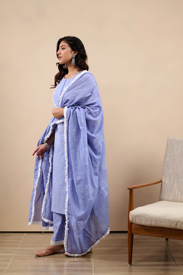 Hoor Sky Blue Straight Kurta with pant and Dupatta - 3 pcs Set