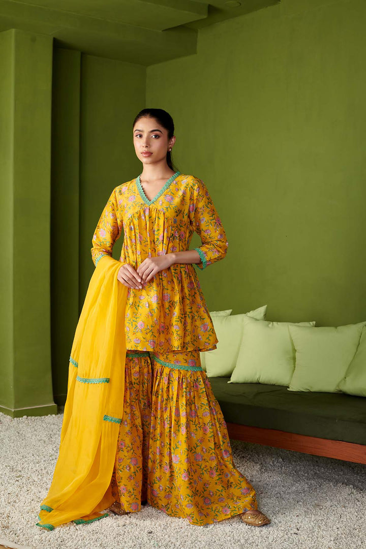 JASHN 2.O YELLOW COTTON SILK SHARARA SET OF 3